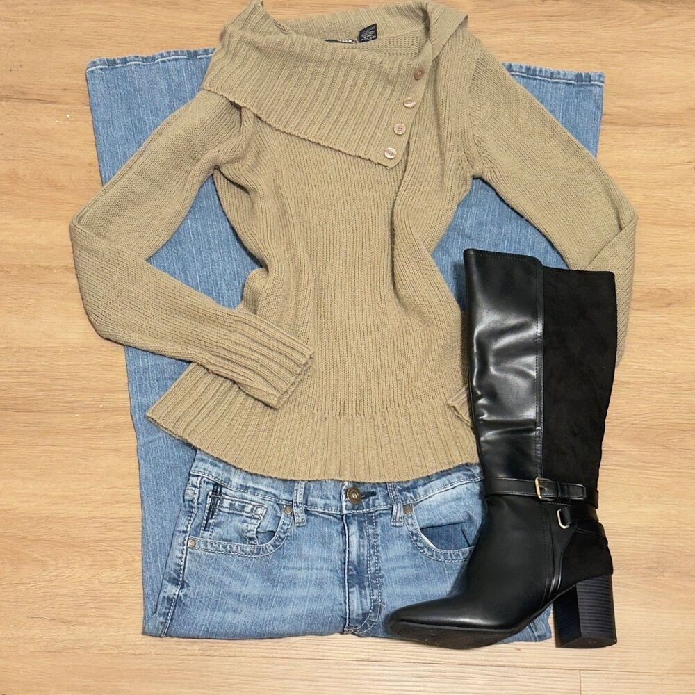 Cozy Chic Beige Planet Golo Button Cowl Neck Sweater